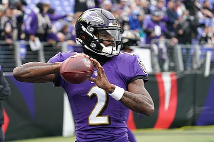 Jan 2, 2022; Baltimore, Maryland, USA; Baltimore Ravens quarterback Tyler Huntley (2) warms up prior to the game against the Los Angeles Rams at M&T Bank Stadium. Mandatory Credit: Mitch Stringer-USA TODAY Sports
