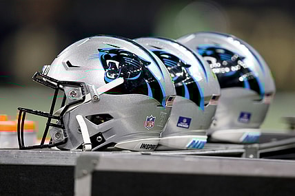 Jan 2, 2022; New Orleans, Louisiana, USA; Carolina Panthers helmets on the sidelines in the second quarter of their game against the Carolina Panthers at the Caesars Superdome. Mandatory Credit: Chuck Cook-USA TODAY Sports