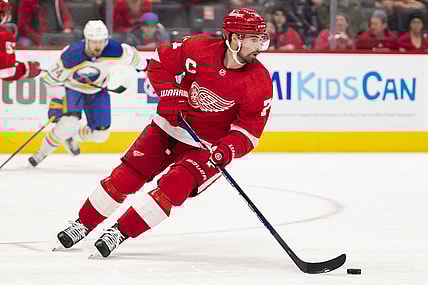 Jan 15, 2022; Detroit, Michigan, USA; Detroit Red Wings center Dylan Larkin (71) skates with the puck during the first period against the St. Louis Blues at Little Caesars Arena. Mandatory Credit: Raj Mehta-USA TODAY Sports