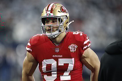 Jan 16, 2022; Arlington, Texas, USA; San Francisco 49ers defensive end Nick Bosa (97) on the field before the game against the Dallas Cowboys in a NFC Wild Card playoff football game at AT&T Stadium. Mandatory Credit: Tim Heitman-USA TODAY Sports
