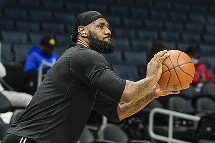 Jan 28, 2022; Charlotte, North Carolina, USA; Los Angeles Lakers forward LeBron James (6) during pregame warm ups against the Charlotte Hornets at the Spectrum Center. Mandatory Credit: Jim Dedmon-USA TODAY Sports