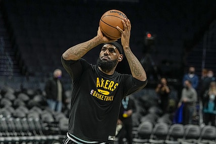 Jan 28, 2022; Charlotte, North Carolina, USA; Los Angeles Lakers forward LeBron James (6) during pregame warm ups against the Charlotte Hornets at the Spectrum Center. Mandatory Credit: Jim Dedmon-USA TODAY Sports