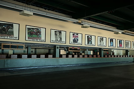 Jun 16, 2020; Elmont, New York, USA; Betting windows inside the grandstand at Belmont Park. Mandatory Credit: Brad Penner-USA TODAY Sports