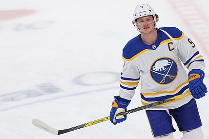 Feb 18, 2021; Washington, District of Columbia, USA; Buffalo Sabres center Jack Eichel (9) skates during warmups prior to the Sabres' game against the Washington Capitals at Capital One Arena. Mandatory Credit: Geoff Burke-USA TODAY Sports