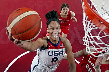 Aug 8, 2021; Saitama, Japan; United States forward A'Ja Wilson (9) shoots the ball Japan small forward Himawari Akaho (88) in the women's basketball gold medal match during the Tokyo 2020 Olympic Summer Games at Saitama Super Arena. Mandatory Credit: Kyle Terada-USA TODAY Sports