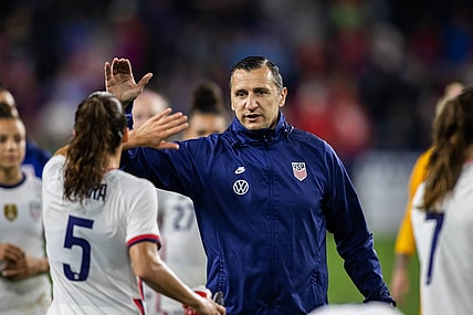 Sep 21, 2021; Cincinnati, Ohio, USA; United States head coach Vlatko Andonovski high fives defender Kelley O'Hara (5) after an international friendly soccer match against Paraguay at TQL Stadium. Mandatory Credit: Trevor Ruszkowski-USA TODAY Sports