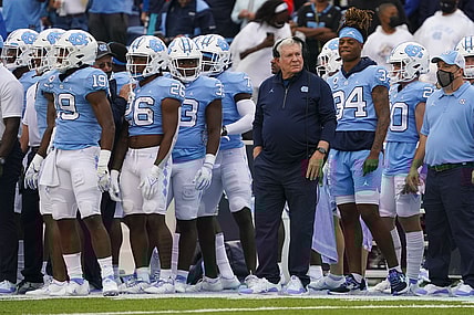 Oct 9, 2021; Chapel Hill, North Carolina, USA;  North Carolina Tar Heels head coach  Mack Brown looks on from the sidelines against the Florida State Seminoles at Kenan Memorial Stadium. Mandatory Credit: James Guillory-USA TODAY Sports