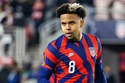 Jan 27, 2022; Columbus, Ohio, USA; United States midfielder Weston Mckennie (8) during the CONCACAF FIFA World Cup Qualifier soccer match against El Salvador at Lower.com Field. Mandatory Credit: Trevor Ruszkowski-USA TODAY Sports