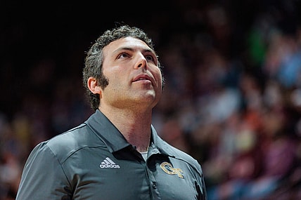 Feb 2, 2022; Blacksburg, Virginia, USA; Georgia Tech Yellow Jackets head coach Josh Pastner looks on prior to a game against the Virginia Tech Hokies at Cassell Coliseum. Mandatory Credit: Ryan Hunt-USA TODAY Sports