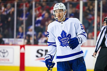 Feb 10, 2022; Calgary, Alberta, CAN; Toronto Maple Leafs left wing Michael Bunting (58) during the second period against the Calgary Flames at Scotiabank Saddledome. Mandatory Credit: Sergei Belski-USA TODAY Sports