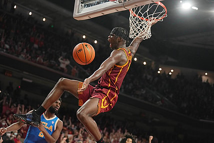 Feb 12, 2022; Los Angeles, California, USA; Southern California Trojans forward Chevez Goodwin (1) dunks the ball against the UCLA Bruins in the first half at Galen Center. Mandatory Credit: Kirby Lee-USA TODAY Sports