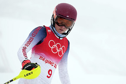 Feb 17, 2022; Yanqing, China; Mikaela Shiffrin (USA) competes in the women   s alpine skiing combined event during the Beijing 2022 Olympic Winter Games at Yanqing Alpine Skiing Centre. Mandatory Credit: Eric Bolte-USA TODAY Sports
