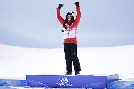 Feb 18, 2022; Zhangjiakou, China;  Ailing Eileen Gu (CHN) gold reacts after winning in the Freestyle Skiing Womens Halfpipe Final during the Beijing 2022 Olympic Winter Games at Genting Snow Park. Mandatory Credit: Danielle Parhizkaran-USA TODAY Sports