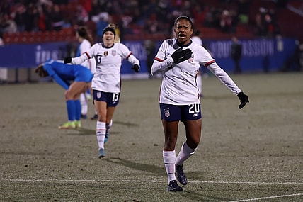 Feb 23, 2022; Frisco, Texas, USA; USA midfilder Catarina Macario (20) celebrates her goal scored against Iceland during the first half of the 2022 She Believes Cup international soccer match at Toyota Stadium. Mandatory Credit: Kevin Jairaj-USA TODAY Sports