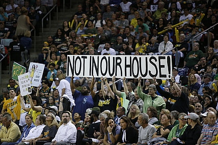 Sep 9, 2018; Seattle, WA, USA; Seattle Storm fans hold up a sign during the second quarter of game two of the WNBA Finals against the Washington Mystics at KeyArena. Mandatory Credit: Jennifer Buchanan-USA TODAY Sports