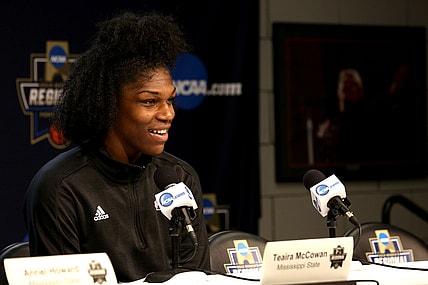 Mississippi State center Teaira McCowan answers questions during a press conference prior to the NCAA Women's Regional at the Moda Center in Portland on March 28, 2019. 

Ncaa Womens Regional Mississippi State Mr05