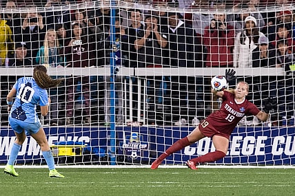 Dec 8, 2019; San Jose, CA, USA; Stanford Cardinal goalkeeper Katie Meyer (19) dives for a penalty kick by North Carolina Tar Heels forward/Midfielder Rachel Jones (10) in the College Cup championship match at Avaya Stadium. Mandatory Credit: John Hefti-USA TODAY Sports