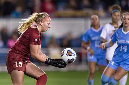 Dec 8, 2019; San Jose, CA, USA; Stanford Cardinal goalkeeper Katie Meyer (19) saves a shot by the North Carolina Tar Heels in the second half of the College Cup championship match at Avaya Stadium. Mandatory Credit: John Hefti-USA TODAY Sports