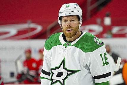 Jan 31, 2021; Raleigh, North Carolina, USA;  Dallas Stars center Joe Pavelski (16) reacts against the Carolina Hurricanes at PNC Arena. Mandatory Credit: James Guillory-USA TODAY Sports