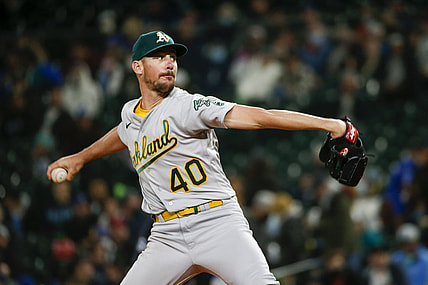 Sep 28, 2021; Seattle, Washington, USA; Oakland Athletics starting pitcher Chris Bassitt (40) throws against the Seattle Mariners during the third inning at T-Mobile Park. Mandatory Credit: Joe Nicholson-USA TODAY Sports