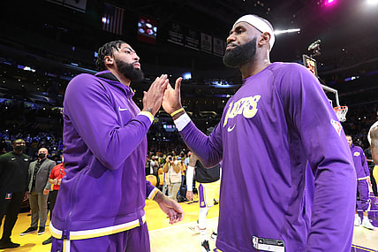 Oct 19, 2021; Los Angeles, California, USA; Los Angeles Lakers forward Anthony Davis (3) and forward LeBron James (6)  hi-five prior to the game against the Golden State Warriors at Staples Center. The Warriors won 121-114. Mandatory Credit: Kiyoshi Mio-USA TODAY Sports