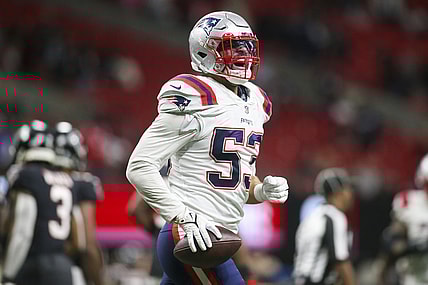 Nov 18, 2021; Atlanta, Georgia, USA; New England Patriots linebacker Kyle Van Noy (53) celebrates after an interception for a touchdown against the Atlanta Falcons in the second half at Mercedes-Benz Stadium. Mandatory Credit: Brett Davis-USA TODAY Sports