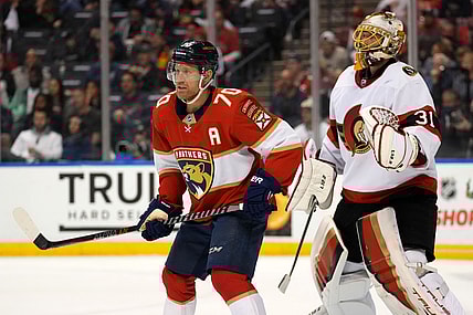 Dec 14, 2021; Sunrise, Florida, USA; Florida Panthers right wing Patric Hornqvist (70) screens Ottawa Senators goaltender Anton Forsberg (31) during the second period at FLA Live Arena. Mandatory Credit: Jasen Vinlove-USA TODAY Sports