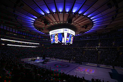 Jan 28, 2022; New York, New York, USA; General view of Madison Square Garden during a ceremony to retire the number of New York Rangers former goalie Henrik Lundqvist before a game against the Minnesota Wild. Mandatory Credit: Brad Penner-USA TODAY Sports