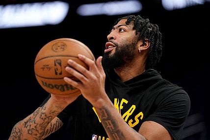 Feb 12, 2022; San Francisco, California, USA; Los Angeles Lakers forward Anthony Davis (3) warms up before the start of the game against the Golden State Warriors at the Chase Center. Mandatory Credit: Cary Edmondson-USA TODAY Sports
