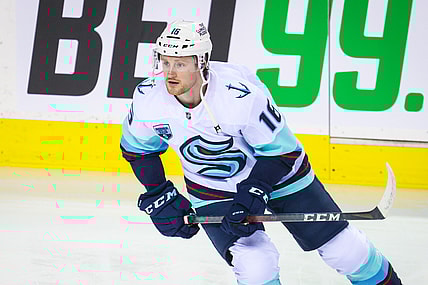 Feb 19, 2022; Calgary, Alberta, CAN; Seattle Kraken left wing Jared McCann (16) skates during the warmup period against the Calgary Flames at Scotiabank Saddledome. Mandatory Credit: Sergei Belski-USA TODAY Sports