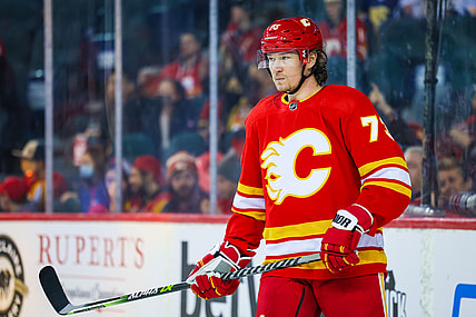 Feb 19, 2022; Calgary, Alberta, CAN; Calgary Flames right wing Tyler Toffoli (73) during the second period against the Seattle Kraken at Scotiabank Saddledome. Mandatory Credit: Sergei Belski-USA TODAY Sports