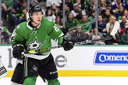 Mar 2, 2022; Dallas, Texas, USA; Dallas Stars left wing Jason Robertson (21) in action during the game between the Los Angeles Kings and the Dallas Stars at the American Airlines Center. Mandatory Credit: Jerome Miron-USA TODAY Sports