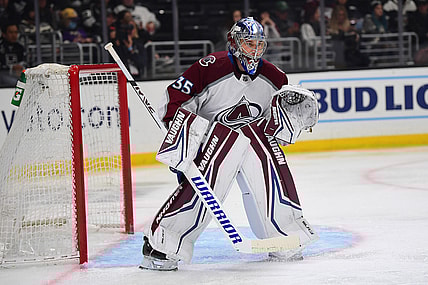 Mar 15, 2022; Los Angeles, California, USA; Colorado Avalanche goaltender Darcy Kuemper (35) defends the goal against the Los Angeles Kings during the second period at Crypto.com Arena. Mandatory Credit: Gary A. Vasquez-USA TODAY Sports