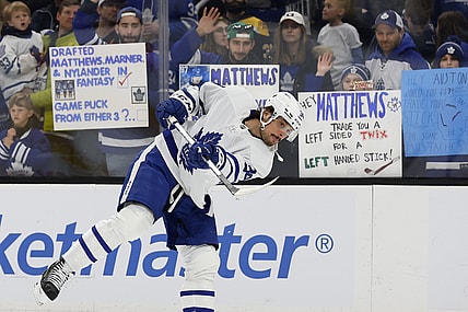 Mar 29, 2022; Boston, Massachusetts, USA; Toronto Maple Leafs center Auston Matthews (34) warms up in front of Maple Leaf fans before their game against the Boston Bruins at TD Garden. Mandatory Credit: Winslow Townson-USA TODAY Sports