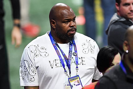 Feb 3, 2019; Atlanta, GA, USA; NFL former player Vince Wilfork walks the sidelines before Super Bowl LIII between the New England Patriots and the Los Angeles Rams at Mercedes-Benz Stadium. Mandatory Credit: Dale Zanine-USA TODAY Sports