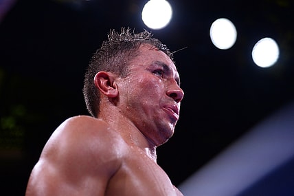 Oct 5, 2019; New York, NY, USA; Gennadiy Golovkin (white trunks) and Sergiy Derevyanchenko (gold trunks) box during the IBF World Middleweight Championship boxing match at Madison Square Garden. Golovkin won via unanimous decision. Mandatory Credit: Joe Camporeale-USA TODAY Sports