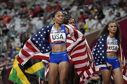 Aug 7, 2021; Tokyo, Japan; Allyson Felix (USA) reacts after USA won the 4x400m final during the Tokyo 2020 Summer Olympic Games at Olympic Stadium. Mandatory Credit: James Lang-USA TODAY Sports