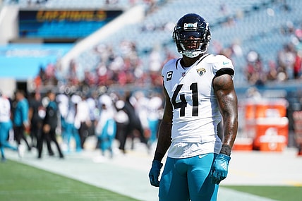 Sep 26, 2021; Jacksonville, Florida, USA; Jacksonville Jaguars linebacker Josh Allen (41) warms up prior to the game against the Arizona Cardinals at TIAA Bank Field. Mandatory Credit: Jasen Vinlove-USA TODAY Sports