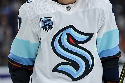 Oct 16, 2021; Columbus, Ohio, USA; The inaugural season patch and team logo are seen on the jersey worn by a member of the Seattle Kraken during a stop in play against the Columbus Blue Jackets in the second period at Nationwide Arena. Mandatory Credit: Aaron Doster-USA TODAY Sports
