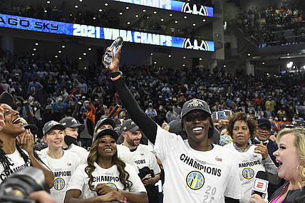 Oct 17, 2021; Chicago, Illinois, USA; Chicago Sky guard/forward Kahleah Copper (2) after receiving the MVP trophy after the Chicago Sky beat the Phoenix Mercury 80-74 in game four of the 2021 WNBA Finals at Wintrust Arena. Mandatory Credit: Matt Marton-USA TODAY Sports