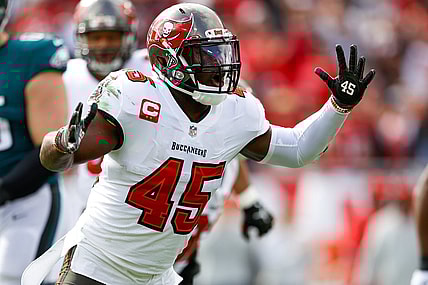 Jan 16, 2022; Tampa, Florida, USA; Tampa Bay Buccaneers inside linebacker Devin White (45) reacts to a platy in the first half against the Philadelphia Eagles in a NFC Wild Card playoff football game at Raymond James Stadium. Mandatory Credit: Nathan Ray Seebeck-USA TODAY Sports