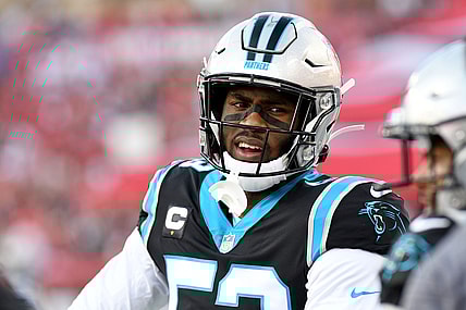 Jan 9, 2022; Tampa, Florida, USA; Carolina Panthers defensive end Brian Burns (53) in the first half against the Tampa Bay Buccaneers at Raymond James Stadium. Mandatory Credit: Jonathan Dyer-USA TODAY Sports