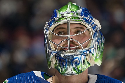 Jan 21, 2022; Vancouver, British Columbia, CAN; Vacnouver Canucks goalie Spencer Martin (30) in action against the Florida Panthers in the second period at Rogers Arena. Mandatory Credit: Bob Frid-USA TODAY Sports