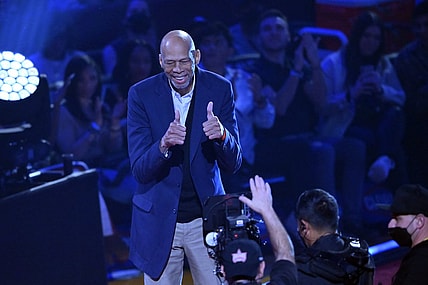 Feb 20, 2022; Cleveland, Ohio, USA; Kareem Abdul-Jabbar is honored during halftime during the 2022 NBA All-Star Game at Rocket Mortgage FieldHouse. Mandatory Credit: David Richard-USA TODAY Sports