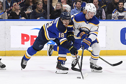 Feb 25, 2022; St. Louis, Missouri, USA; St. Louis Blues center Robert Thomas (18) battles Buffalo Sabres defenseman Rasmus Dahlin (26) during the third period at Enterprise Center. Mandatory Credit: Jeff Le-USA TODAY Sports