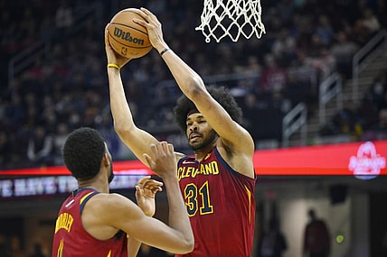 Mar 2, 2022; Cleveland, Ohio, USA; Cleveland Cavaliers center Jarrett Allen (31) grabs a rebound in the second quarter against the Charlotte Hornets at Rocket Mortgage FieldHouse. Mandatory Credit: David Richard-USA TODAY Sports