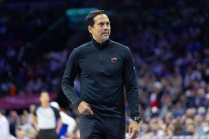 Mar 21, 2022; Philadelphia, Pennsylvania, USA; Miami Heat head coach Erik Spoelstra looks on during the second quarter against the Philadelphia 76ers at Wells Fargo Center. Mandatory Credit: Bill Streicher-USA TODAY Sports