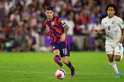 Mar 27, 2022; Orlando, Florida, USA; United States forward Christian Pulisic (10) passes the ball against Panama in the second half during a FIFA World Cup Qualifier soccer match at Exploria Stadium. Mandatory Credit: Jeremy Reper-USA TODAY Sports
