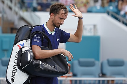 Mar 31, 2022; Miami Gardens, FL, USA; Daniil Medvedev acknowledges the crowd while leaving the court after his match against Hubert Hurkacz (POL)(not pictured) in a men's singles quarterfinal in the Miami Open at Hard Rock Stadium. Mandatory Credit: Geoff Burke-USA TODAY Sports