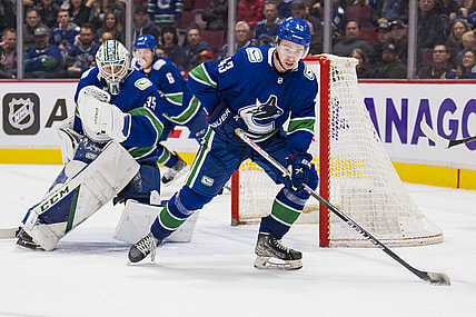 Apr 3, 2022; Vancouver, British Columbia, CAN; Vancouver Canucks goalie Thatcher Demko (35) looks on as defenseman Quinn Hughes (43)handles the puck against the Vegas Golden Knights in the third period at Rogers Arena. Vegas won 3-2 in overtime. Mandatory Credit: Bob Frid-USA TODAY Sports